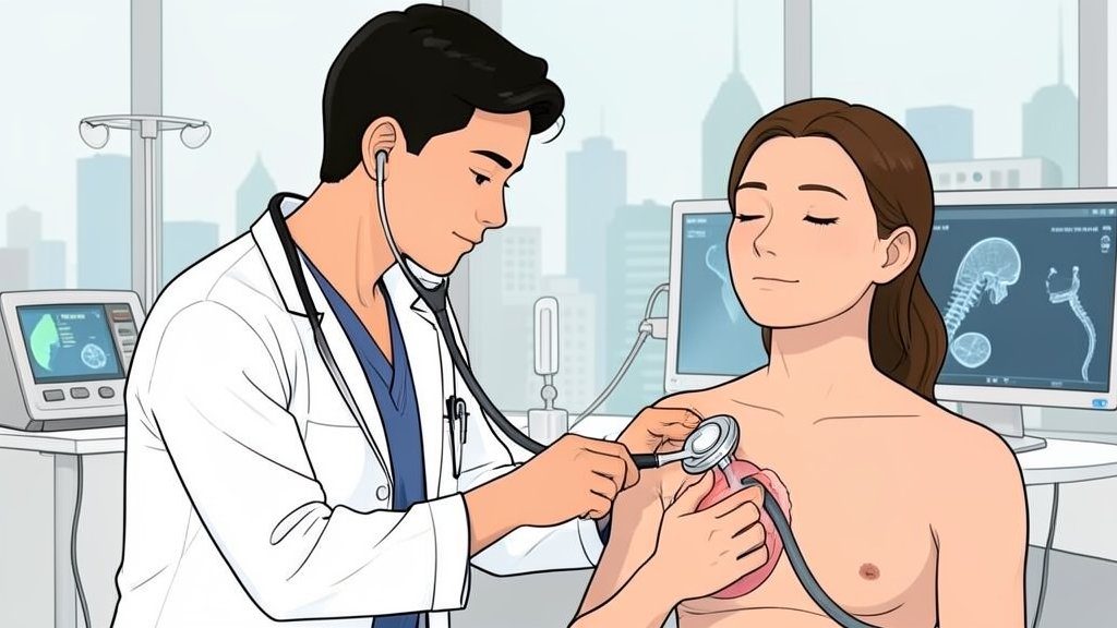 An illustration of a doctor using an AI-enabled stethoscope to examine a patient's heart, with a subtle background of medical equipment and a cityscape.