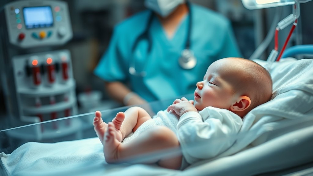 A photo of a newborn baby in a hospital incubator with a nurse or doctor in the background, symbolizing the care and medical attention given to newborns, with a subtle hint of blood transfusion equipment nearby.