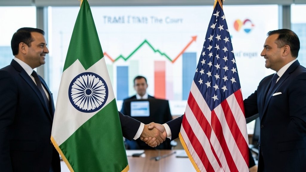 A photo of the Indian and American flags together, with a background of businessmen shaking hands or a graph showing increasing trade between the two countries