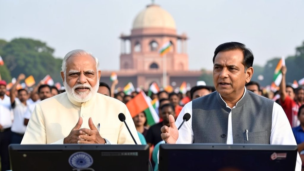 A photo of Narendra Modi and Rahul Gandhi in a debate or a rally, with a blurred background of the Indian parliament or a political rally, symbolizing the political rivalry between them.