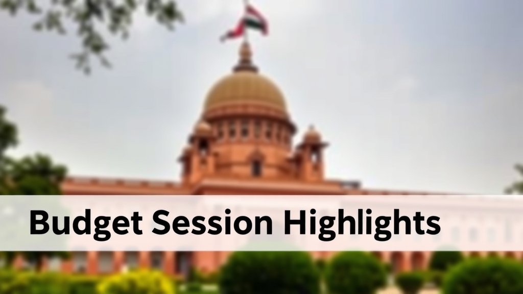 A photo of the Indian Parliament building with a caption "Budget Session Highlights" in the foreground