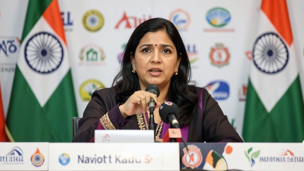 A photo of Navjot Kaur Sidhu speaking at a press conference, with a background of Indian flags and political party symbols