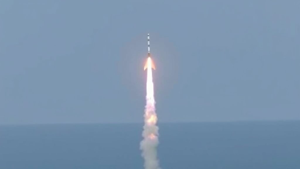 An image of the Agni-III missile launch from the Odisha coast, with a clear view of the missile taking off into the sky and a subtle background of the Indian Ocean.