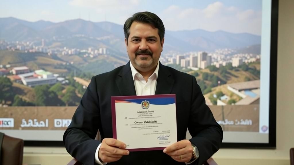 A photo of Omar Abdullah presenting the budget in the Jammu and Kashmir state assembly, with a background of the state's landscape and a subtle hint of economic growth and development.