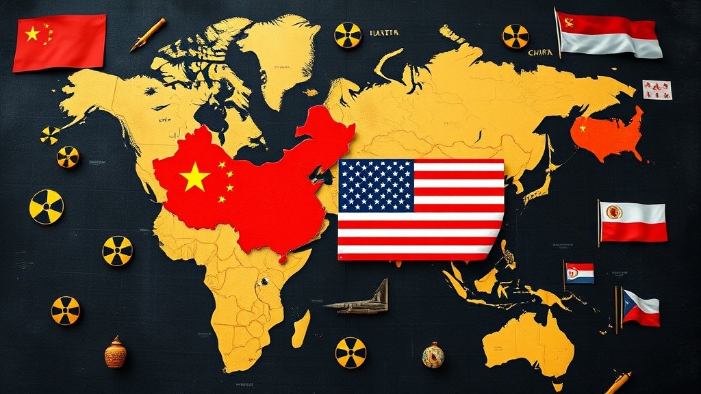 A map of the world with China and the United States highlighted, surrounded by symbols of nuclear power and international diplomacy