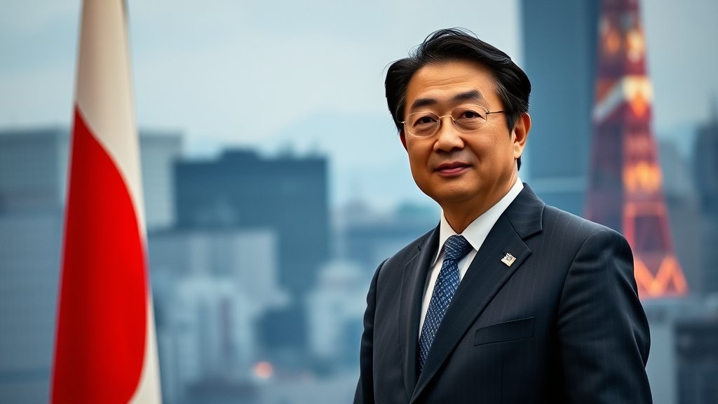 A photo of Japan's Prime Minister Takaichi standing in front of a Japanese flag, with a subtle background of Tokyo's financial district, conveying a sense of leadership and economic stability.