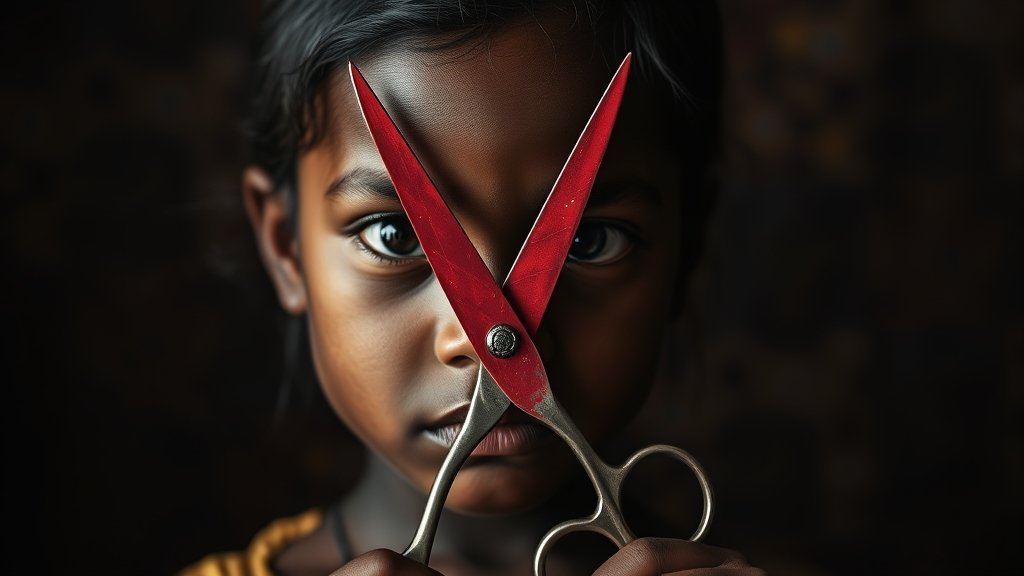 A somber image of a young girl with a red X marked through a pair of scissors, symbolizing the fight against female genital mutilation, with a subtle background of African or Asian cultural patterns.