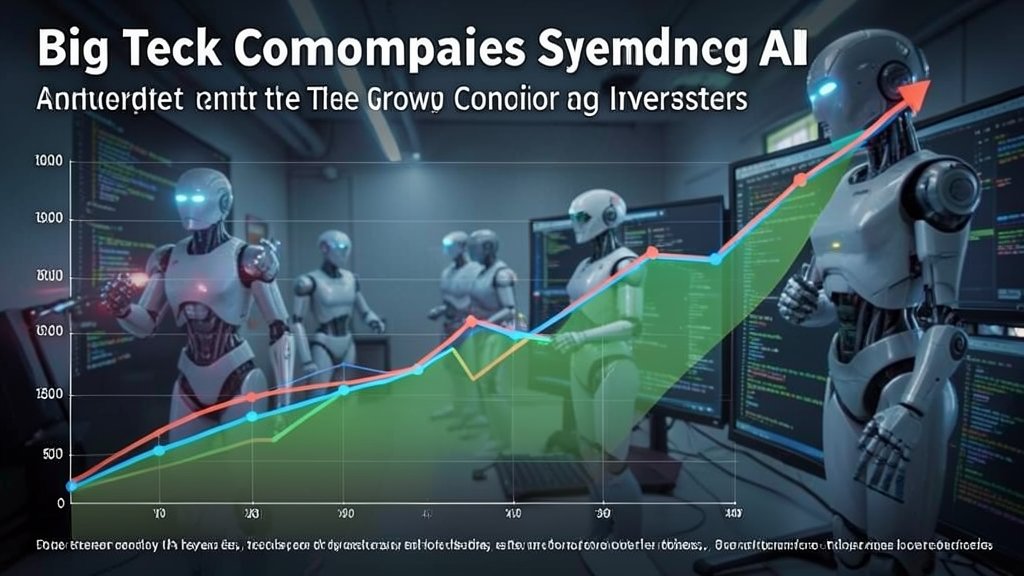 A graph showing the increasing trend of Big Tech companies' spending on AI, with a background of robots and coding screens, highlighting the growing concern among investors.