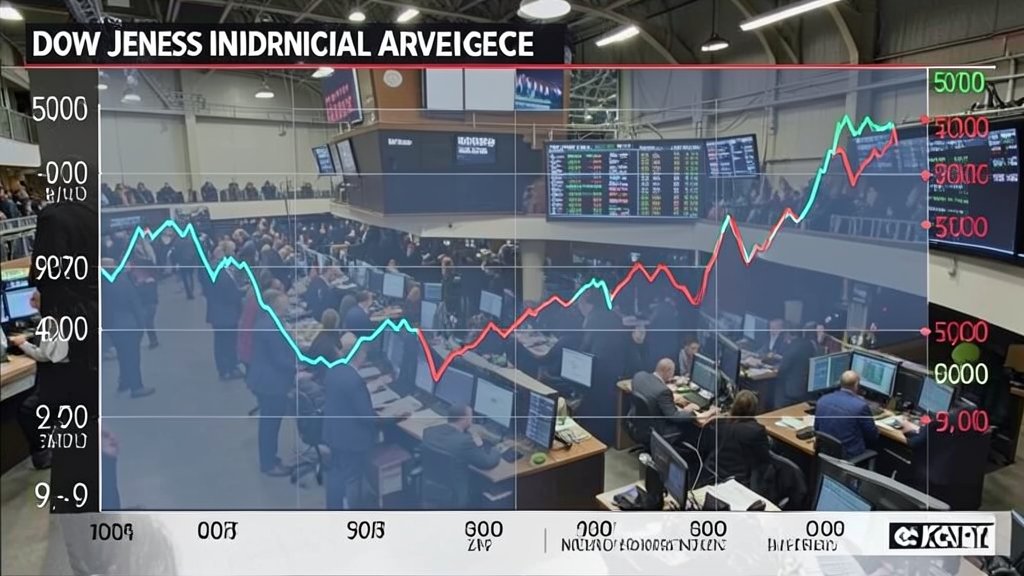 A graph showing the Dow Jones Industrial Average reaching 50,000 points, with a background of a bustling stock exchange floor