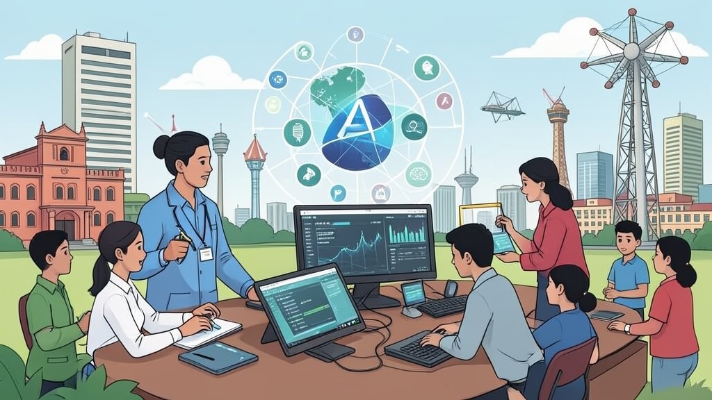 An illustration of a tech company investing in AI research and development in India, with a background of Indian cities and technological advancements.
