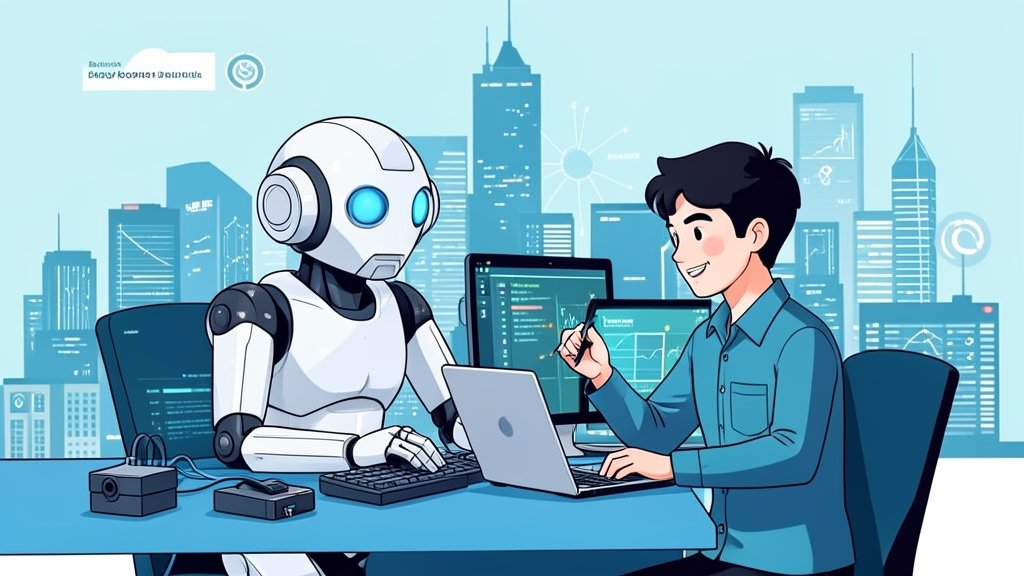 A graphic illustration showing a robot and a human working together on a software development project, with a cityscape in the background representing the tech industry.