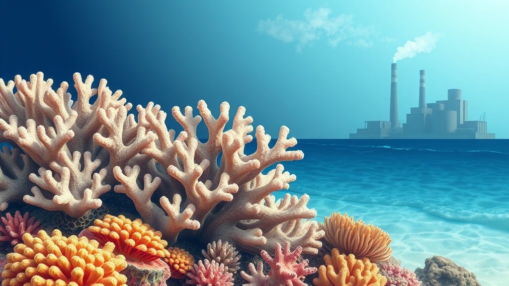 A detailed illustration of a coral reef with bleached corals, showing the impact of ocean acidification and rising sea temperatures, with a subtle background of a factory or industrial plant emitting carbon dioxide, symbolizing the human contribution to climate change.