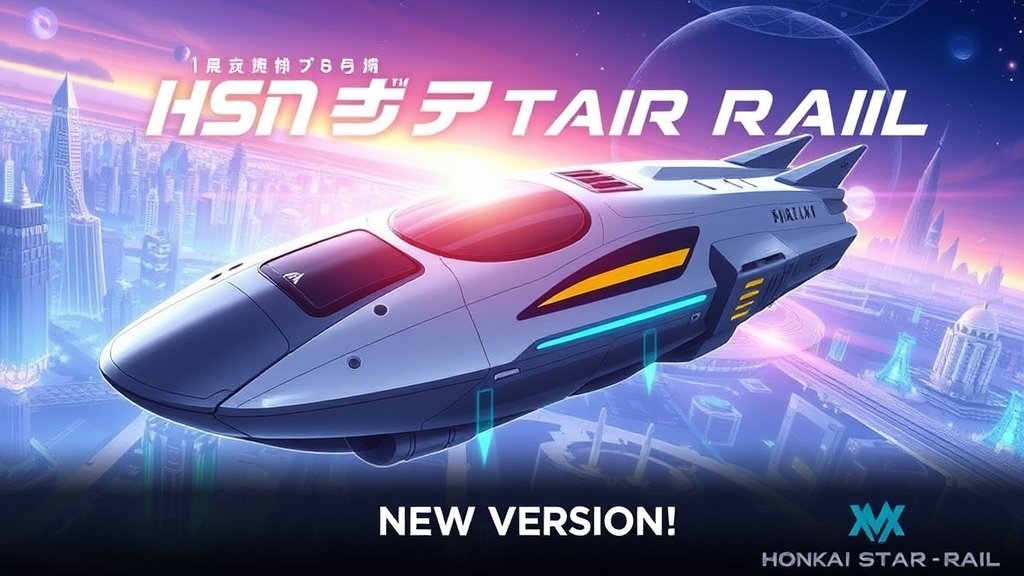 A futuristic illustration of a spaceship from the Honkai Star Rail game with a cityscape in the background, symbolizing the game's new version and features.