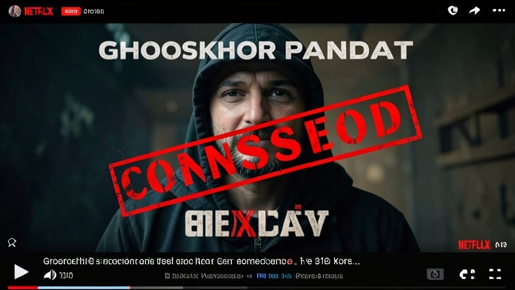 A still from the Netflix film Ghooskhor Pandat with a red "censored" stamp across it, symbolizing the controversy surrounding the film's title and content.