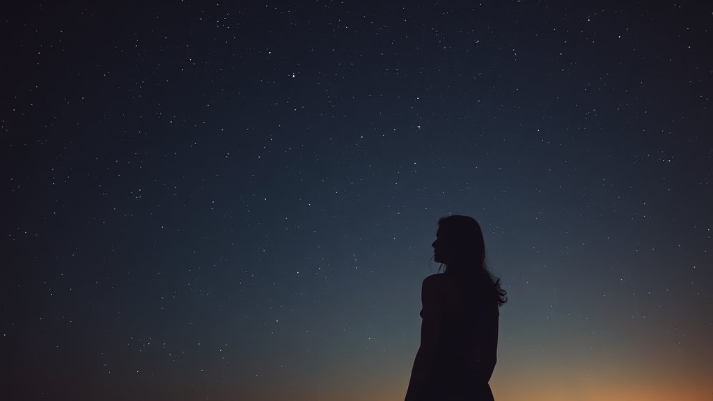 A serene and mystical image of a person looking at the stars in the night sky, with a subtle glow of astrological symbols and a calm, peaceful atmosphere.