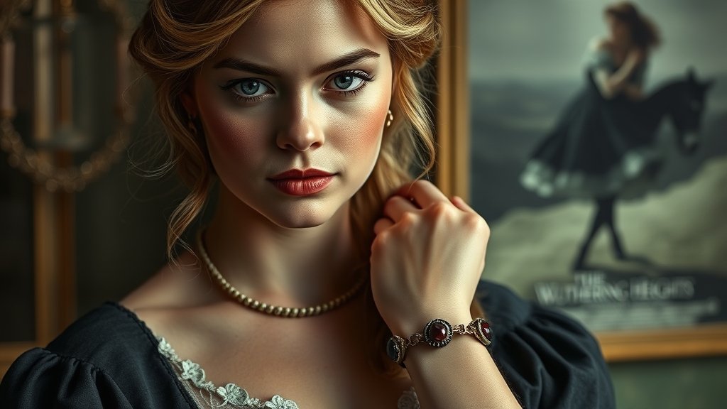 A photo of Margot Robbie wearing a replica of "The Bracelet of Charlotte" made with Emily Bronte's hair, with a Victorian-era background and a subtle hint of the Wuthering Heights movie poster.