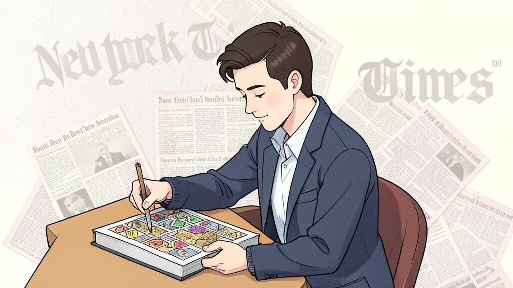 An illustration of a person solving a puzzle, with a subtle background of newspaper clippings and a faint image of the New York Times logo.