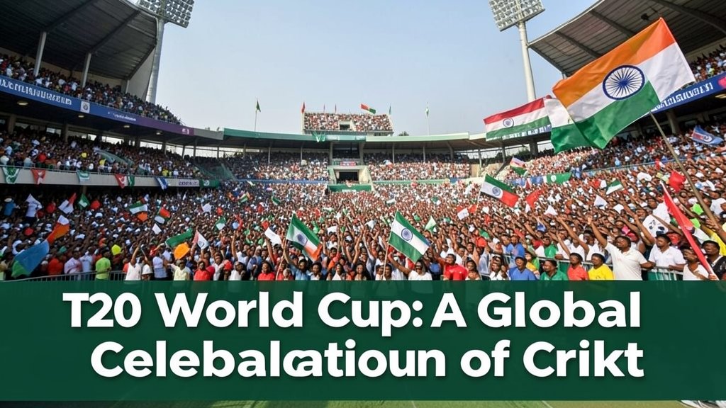 A photo of a cricket stadium with a packed crowd, with the Indian and Pakistani flags waving in the background, and a caption that reads "T20 World Cup: A Global Celebration of Cricket"