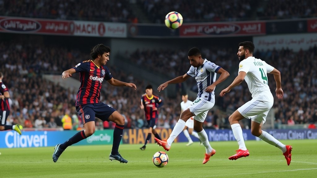 A dramatic photo of a football match between Al-Nassr and Al-Ittihad, with players in action and a packed stadium in the background