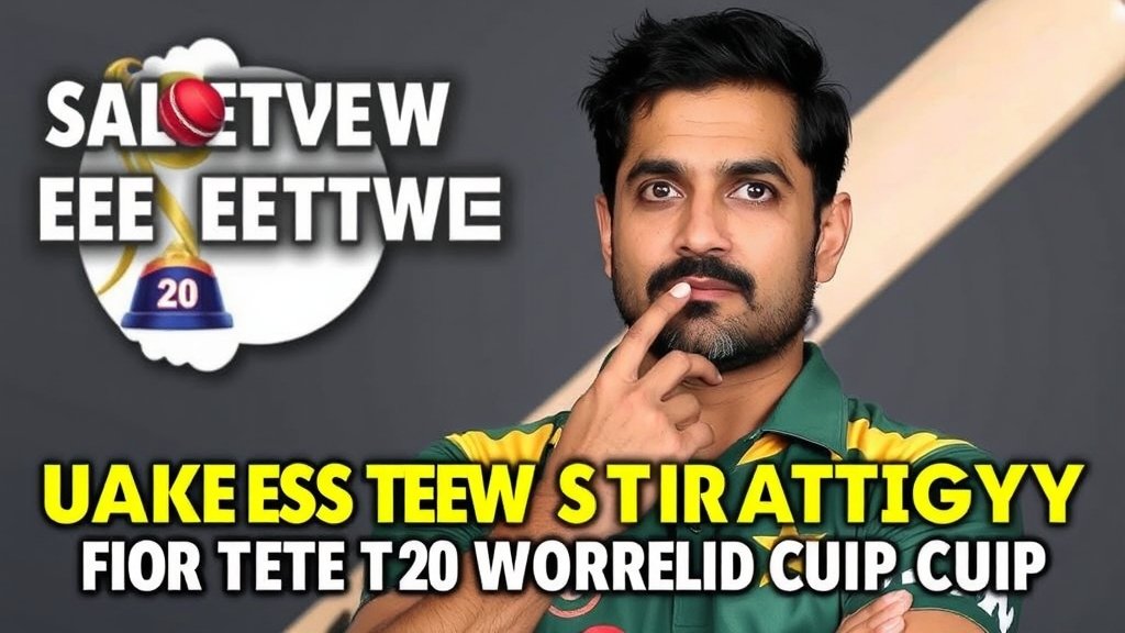 A photo of Pakistan cricket team captain Salman Ali Agha in a thoughtful pose, with a cricket bat and ball in the background, symbolizing the team's new strategy for the T20 World Cup.