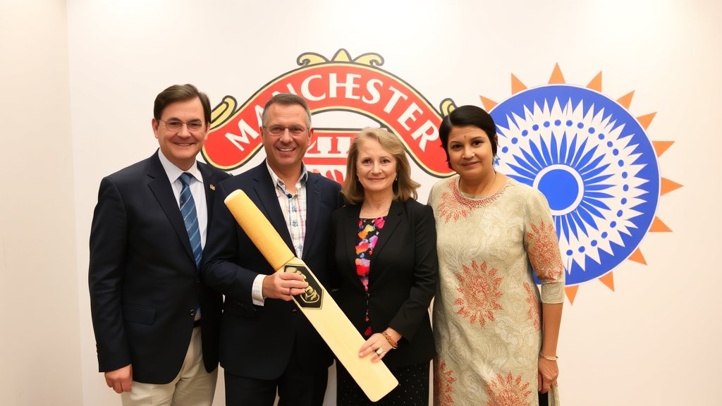 A photo of the Glazer family with a cricket bat and ball, standing in front of a Manchester United logo, with an Indian cricket team logo in the background