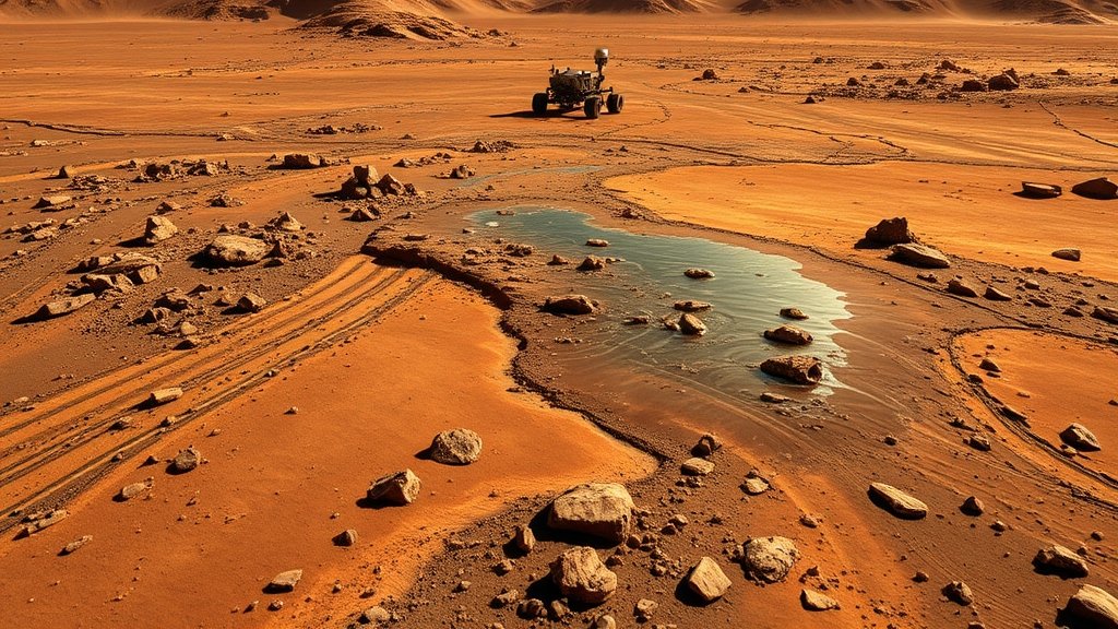 A high-resolution image of the Martian surface with a visual representation of proton albedo and near-surface water, including a rover or spacecraft in the background.