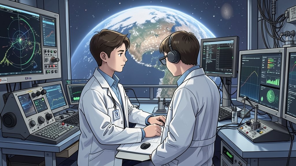 A professional illustration of a young scientist working in a space physics laboratory, surrounded by equipment and data screens, with a subtle background image of the Earth's atmosphere.