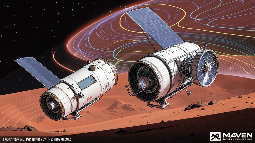 An illustration of the Mars Express and MAVEN spacecraft in conjunction, with the Martian ionosphere and topside layers in the background, showcasing the spatio-temporal variability of the ionospheric layers.