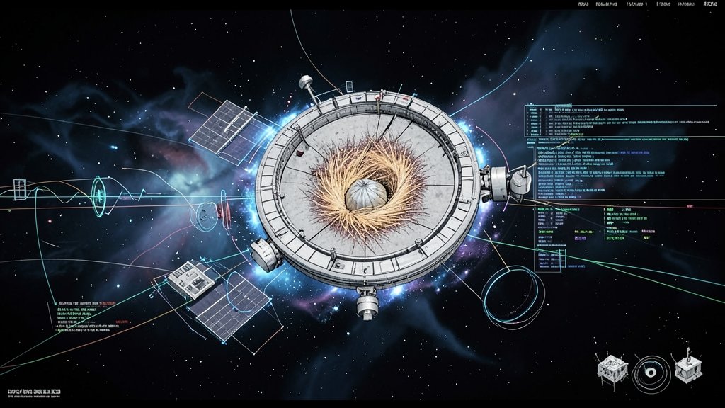 An illustration of a satellite in space with a charged surface, surrounded by a plasma environment, with data streams and detection systems in the background.