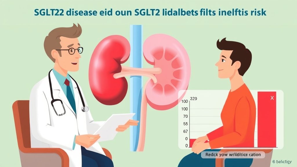 An illustration of a doctor explaining the benefits of SGLT2 inhibitors to a patient with type 2 diabetes, with a background image of a kidney and a graph showing the reduction in kidney disease risk.