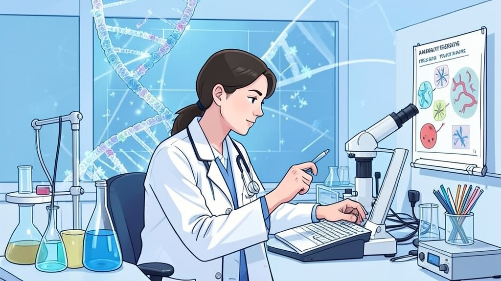 An illustration of a scientist working in a lab with a background of DNA helix and medical equipment, symbolizing the advancements in gene therapy.