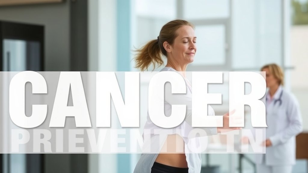 A person in their 30s or 40s engaging in a healthy activity, such as jogging or meditating, with a subtle background image of a doctor or a medical facility to represent the connection to cancer prevention.
