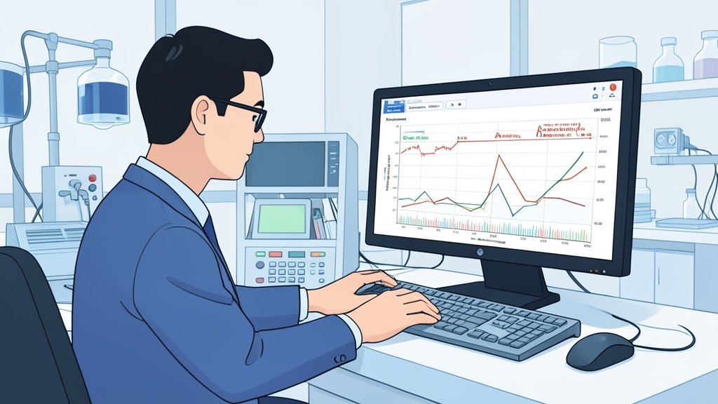 An illustration of a researcher analyzing data in a laboratory, with a background of medical equipment and a computer screen displaying a graph of clinical trial results.