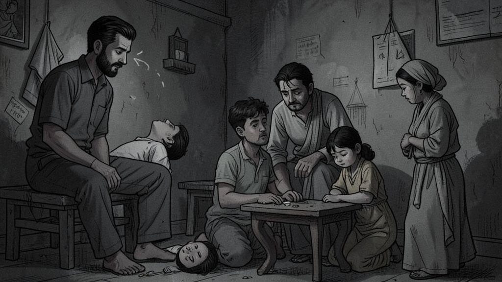 A somber illustration of a family in distress, with a subtle background hinting at the complexities of social and familial pressures, incorporating elements that reflect the Indian context and the emotional weight of the situation.