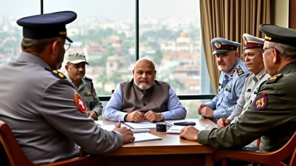 A photo of Amit Shah chairing a security review meeting in Jammu with the Army chief and top officials in attendance, with a backdrop of the Jammu cityscape.