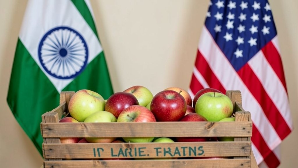 A photo of a crate of apples with the Indian and American flags in the background, symbolizing the trade deal between the two countries.