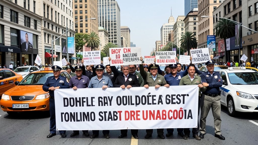 A photograph of a group of cab and auto drivers protesting on the streets, holding signs and banners with their demands, with a cityscape in the background.