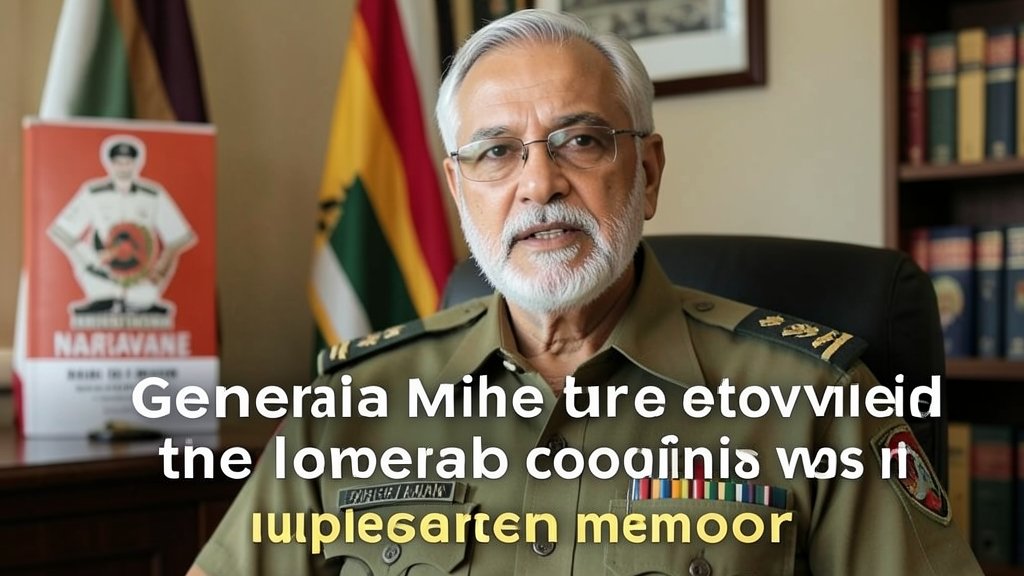 A photo of the Indian Army chief General Manoj Mukund Naravane with a book in the background, symbolizing the controversy surrounding his unpublished memoir.