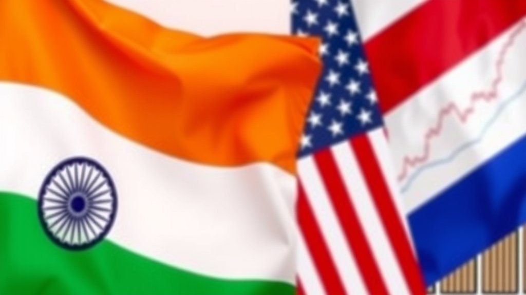A photo of Indian and American flags together, with a background of trade-related symbols, such as cargo ships, containers, or graphs showing economic growth.
