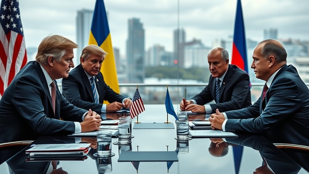 A photograph of a diplomatic meeting between US, Ukraine, and Russia representatives, with a cityscape or a neutral background, conveying a sense of urgency and negotiation.