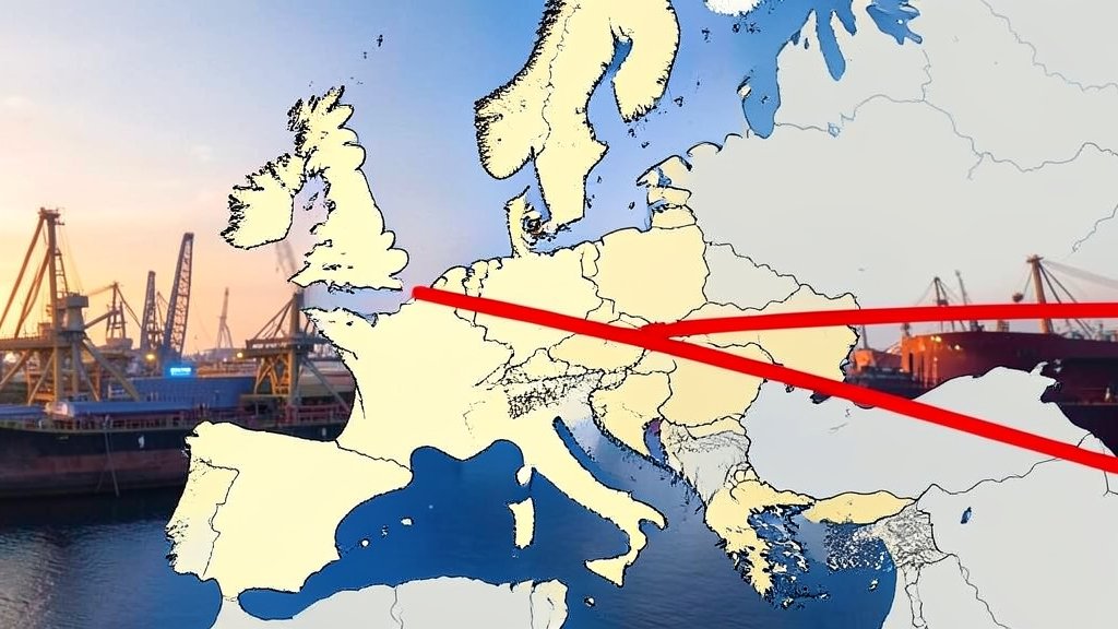 a map of Europe with a red line crossing over Russia, symbolizing the oil sanctions, with a background of oil rigs and tankers