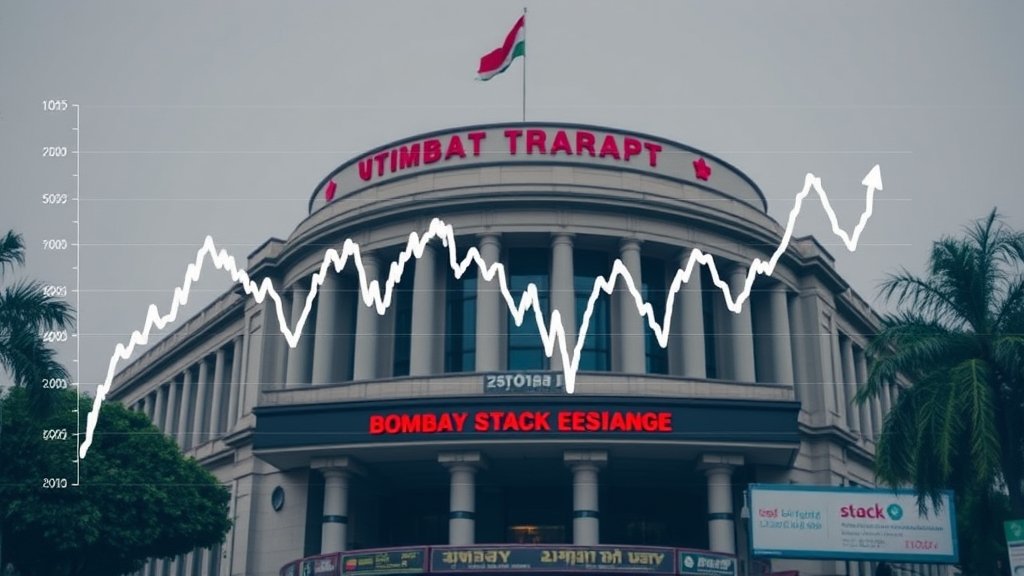 A graph showing the fluctuations in the Indian stock market with a background image of the Bombay Stock Exchange building