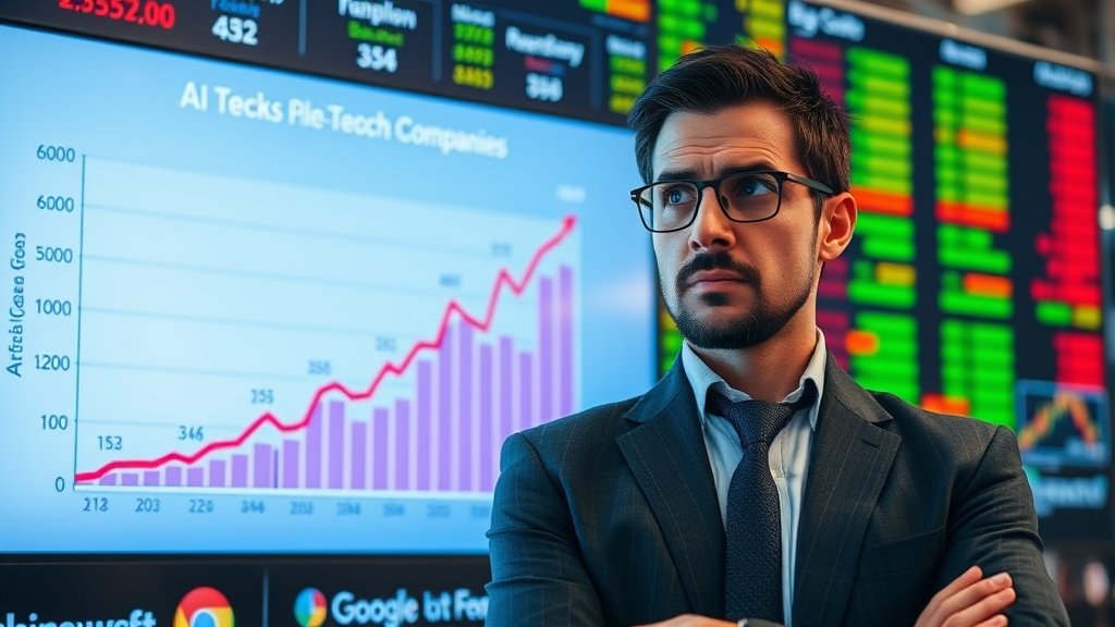 A graph showing the increasing AI spending by big tech companies, with a worried investor in the background looking at a stock market screen