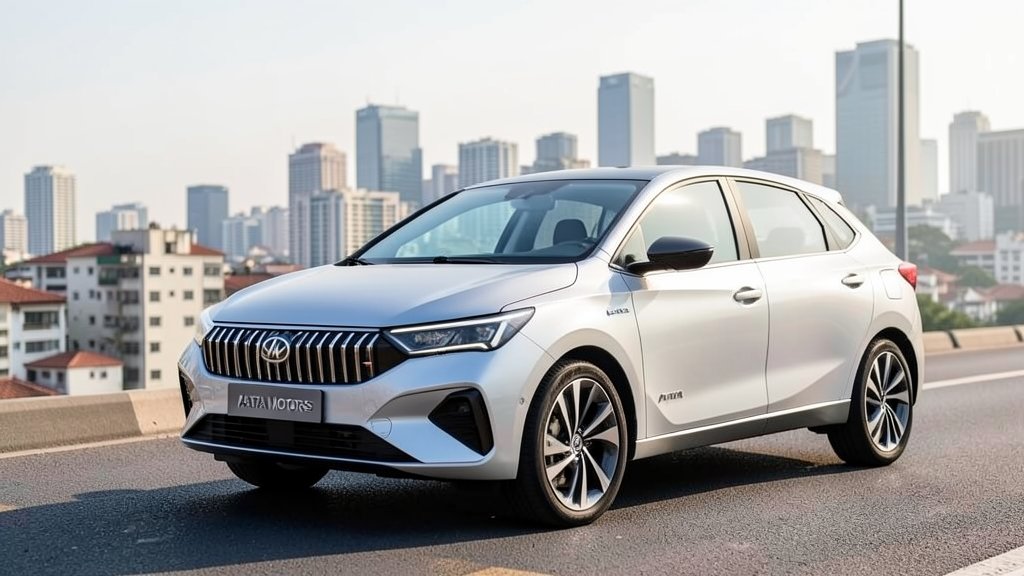 A photo of a Tata Motors electric vehicle with a cityscape in the background, highlighting the company's commitment to sustainable transportation