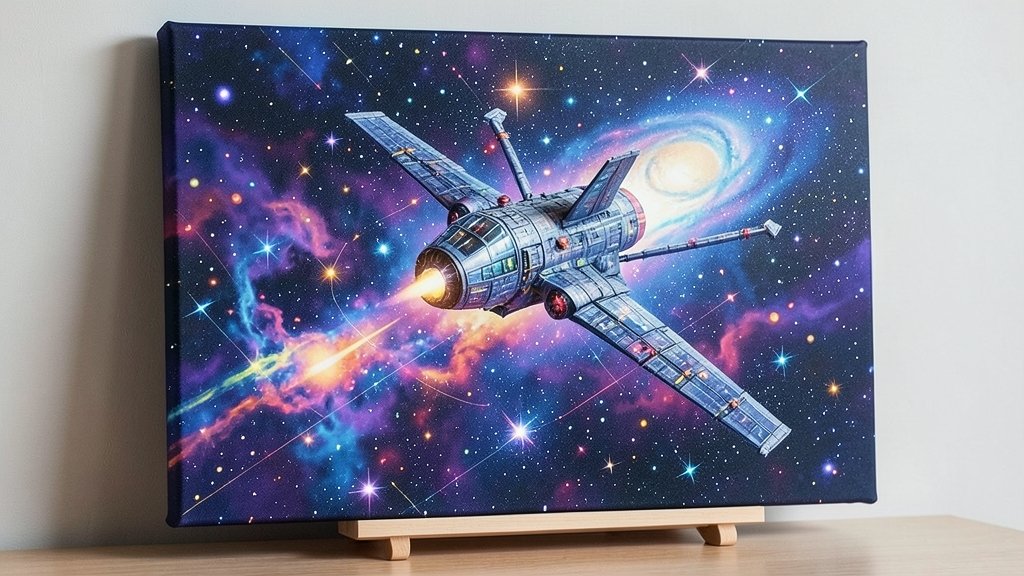 A beautiful, surreal artwork depicting a spaceship soaring through a vibrant, starry night sky, with a canvas in the foreground, blending traditional and digital art elements, symbolizing the intersection of art and technology.