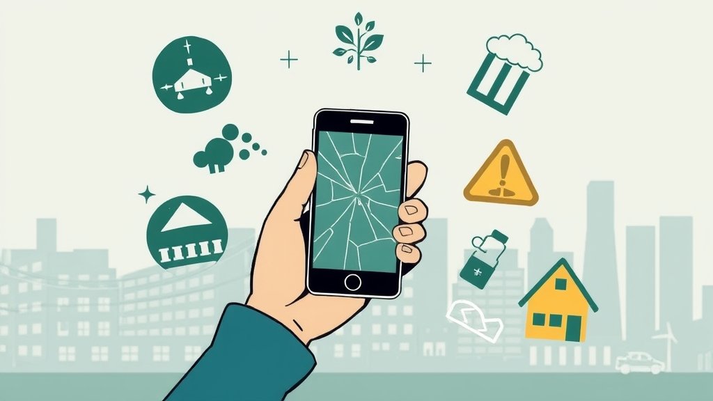 A graphic illustration of a person holding a smartphone with a cracked screen, surrounded by symbols of environmental pollution and technological advancement, with a subtle background image of a cityscape.