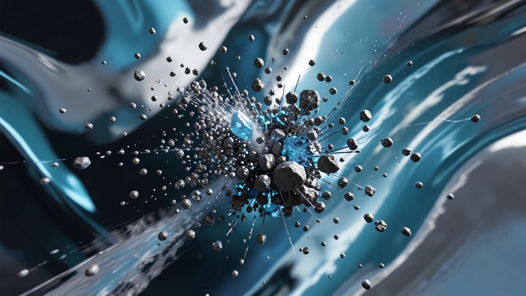 A 3D visualization of a collision-coalescence process with advectable embeddings, showcasing the complex interactions between particles in a fluid flow.