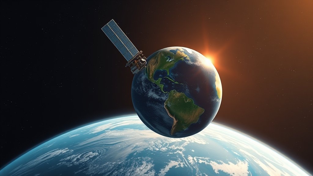 A detailed illustration of a satellite in orbit around the Earth, with a focus on the ocean's surface and a subtle hint of machine learning algorithms at work in the background.