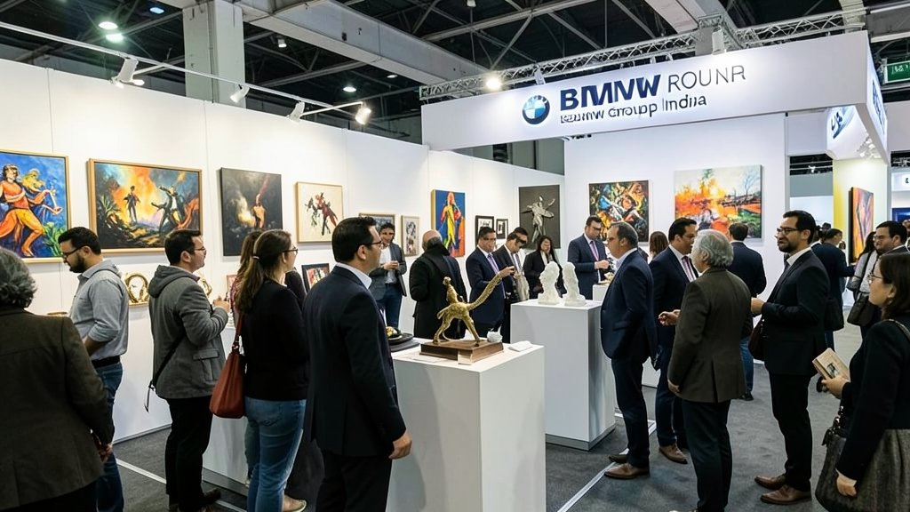 A photograph of a bustling art fair with people admiring various art pieces, including paintings, sculptures, and installations, with a focus on the BMW Group India stall.
