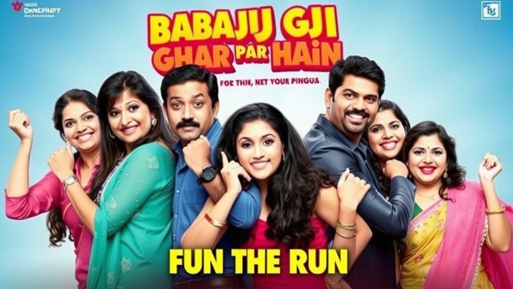 A movie poster with the main characters of Bhabhiji Ghar Par Hain! Fun On The Run, with a colorful and comedic tone, featuring the lead actors in funny poses.
